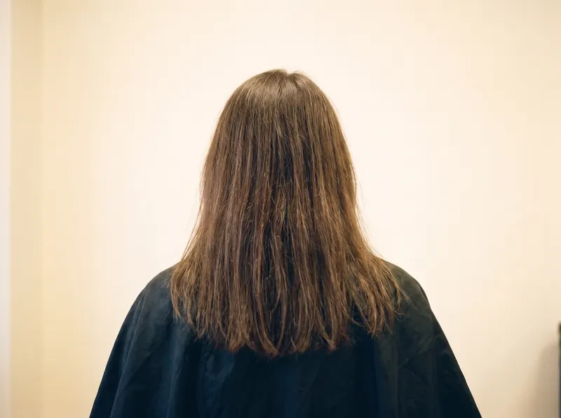 Antes — cabello castaño apagado y sin brillo, visto desde atrás