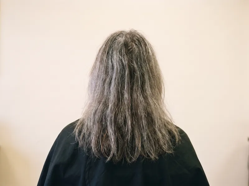 Antes — canas sin tratar, mezcla desigual de gris y castaño