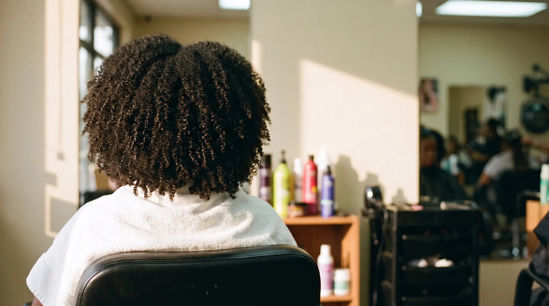 Clienta de espaldas en el sillón de De Roxy Peluquería, con el cabello rizado recién hidratado