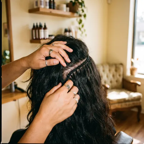 Detalle de una trama de extensiones cosida en la raíz, con las manos de la peluquera separando el cabello