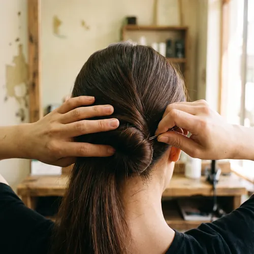 Manos recogiendo el cabello en un moño bajo a la altura de la nuca