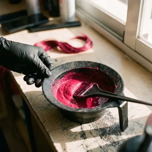 Bol de tinte magenta con la brocha apoyada, sobre el mostrador del salón